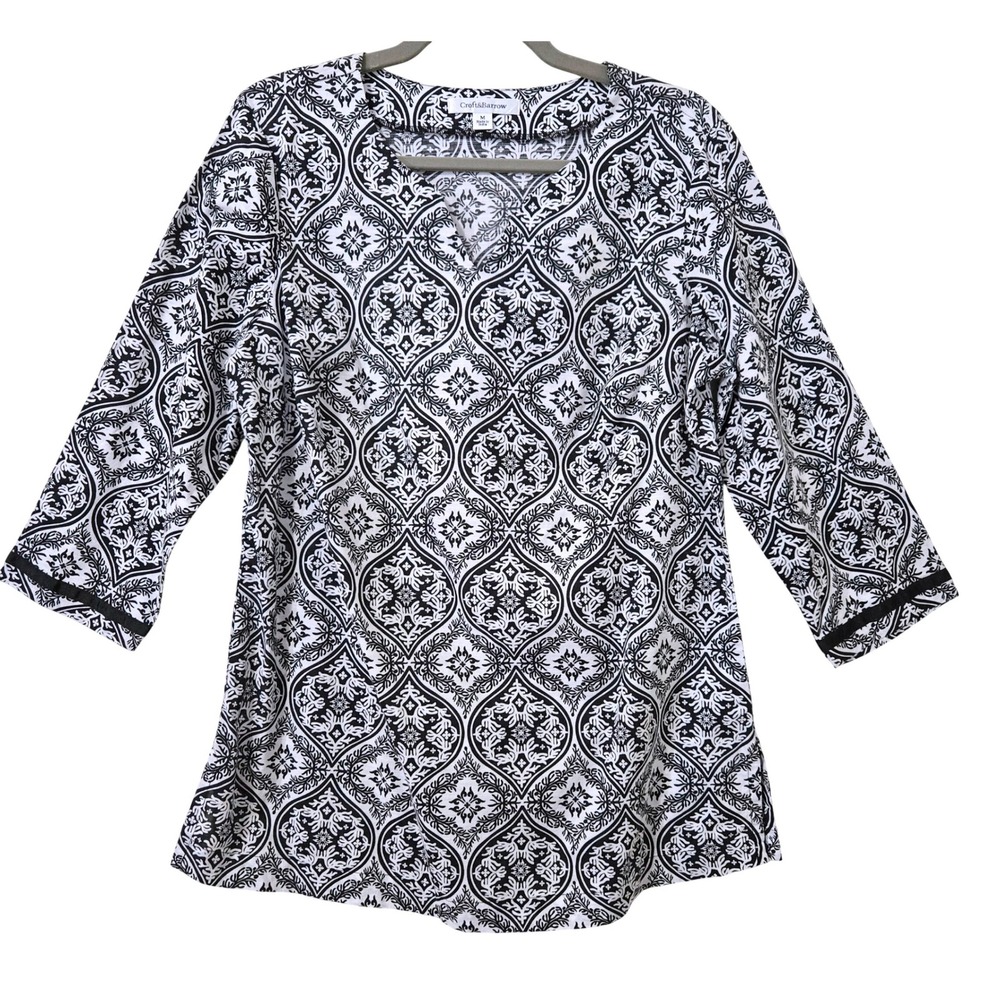 Croft & Barrow Women's M Black White Damask Medallion 3/4 Sleeve Tunic Top NWT